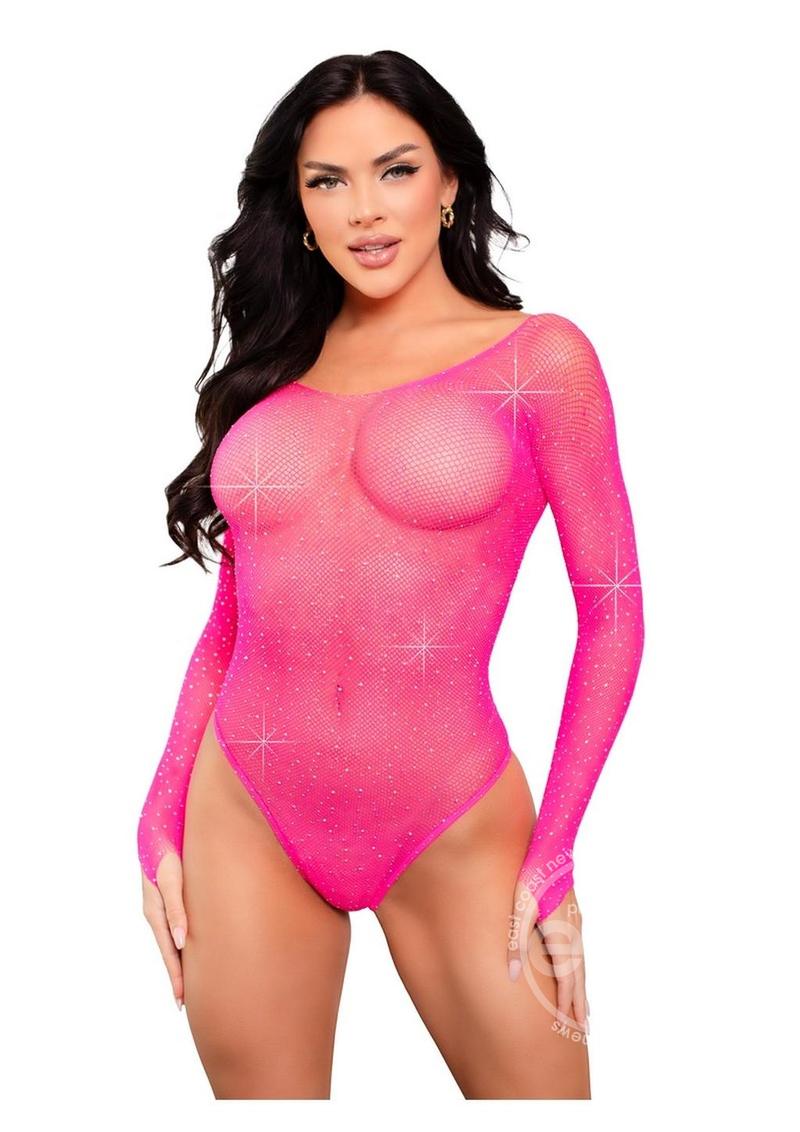 Leg Avenue Crystalized Long Sleeve Fishnet Thong Back Bodysuit with Snap Crotch - O/S - Neon Pink