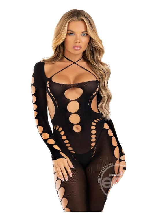 Leg Avenue Seamless Opaque Cut-Out Footless Bodystocking - O/S - Black