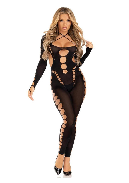 Leg Avenue Seamless Opaque Cut-Out Footless Bodystocking - O/S - Black