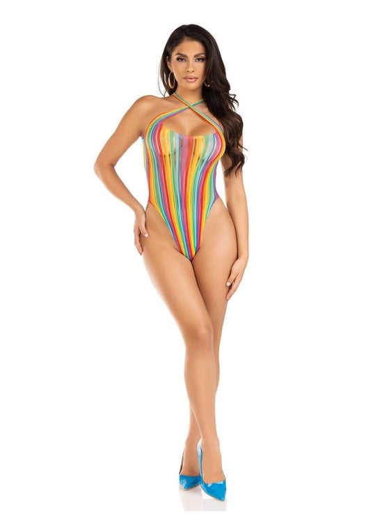 Leg Avenue Rainbow Stripe Cross-Over Halter Bodysuit - O/S - Multicolor