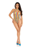 Leg Avenue Rainbow Stripe Cross-Over Halter Bodysuit - O/S - Multicolor