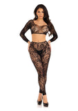 Leg Avenue Seamless Chantilly Lace Crop Top and Footless Tights (2 Piece) - O/S - Black