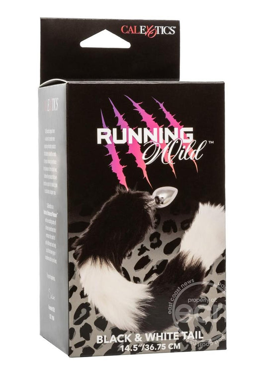 Running Wild Black & White Tail Faux Fur Tail and Metallic Anal Plug - Black/White