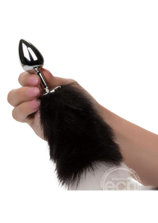 Running Wild Black & White Tail Faux Fur Tail and Metallic Anal Plug - Black/White