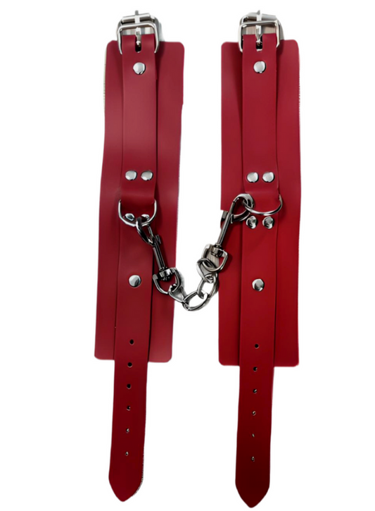 RED COLOR VEGAN LEATHER WRIST RESTRAINTS WITH CONNECTOR
