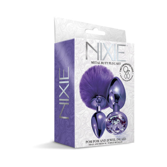 NIXIE Metal Butt Plug Set Pom Pom and Jewel-Inlaid Metallic