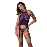 Magic Silk Leather & Lace Lace Cup Basque & Split Crotch Panty Set Plum