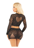 Leg Avenue Rhinestone Lace and Net Crop Top with Heart Keyhole Detail and Mini Skirt (2 Piece) - OS - Black