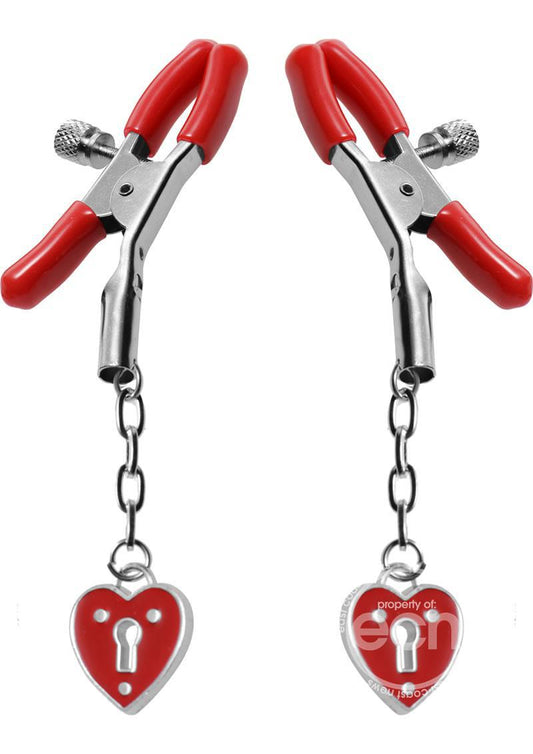 Master Series - Crimson Tied Charmed Heart Padlock Nipple Clamps - Red