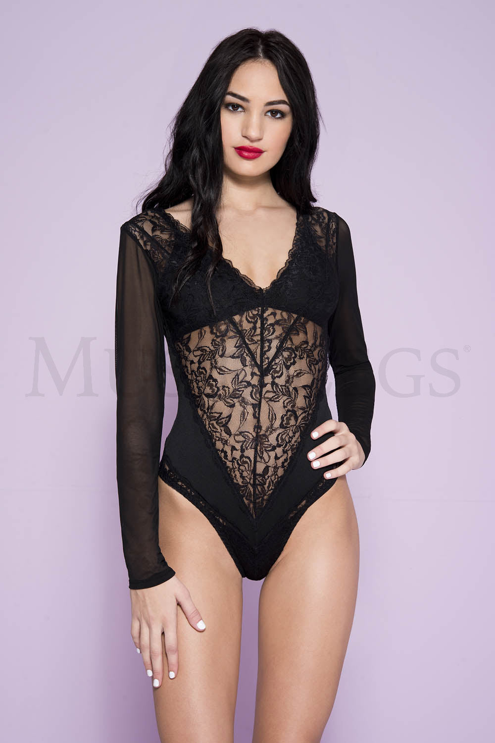 LACE TEDDY WITH LONG SHEER SLEEVE