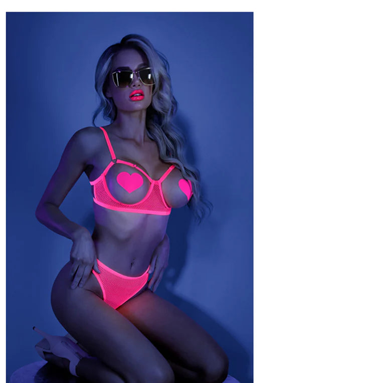 Fantasy Lingerie Glow Sweet Escape Open-Cup Cage Bra & Crotchless Neon Pink Panty