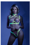 Fantasy Lingerie Glow In A Trance Harness Bra, Garter Belt Neon Chartreuse