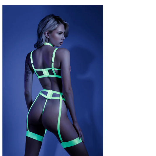 Fantasy Lingerie Glow In A Trance Harness Bra, Garter Belt Neon Chartreuse