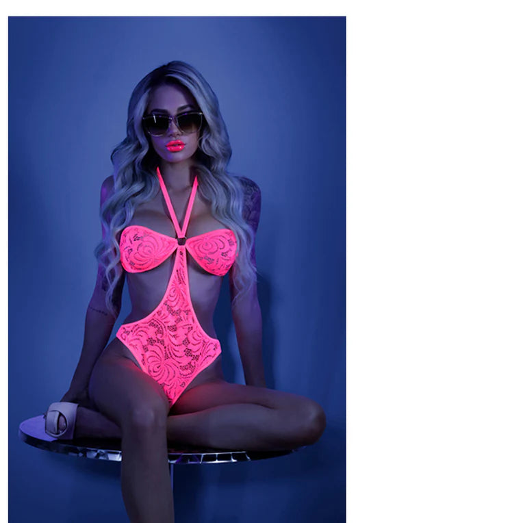 Fantasy Lingerie Glow Impress Me Lace Bodysuit With Open-Cage Back Neon Pink