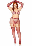 Plus Size 5 PC Rhinestone Fishnet Bikini Top, Garter Skirt, G-String Panty, Gloves, and Stockings