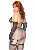 Plus Size 5 PC Rhinestone Fishnet Bikini Top, Garter Skirt, G-String Panty, Gloves, and Stockings