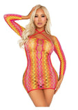 Leg Avenue Zig Zag Net Twist Halter Mini Dress with Keyhole Detail and Shrug (2 Piece) - Multi Color - O/S