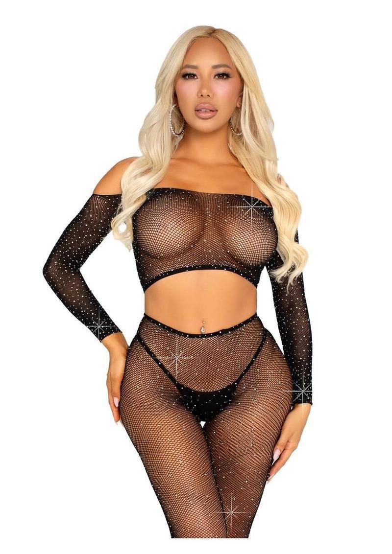 Leg Avenue Rhinestone Fishnet Crop Top and Footless Tights -O/S