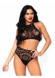2 PC Crochet Lace Halter Crop Top with Strappy Back Detail and High Waist Thong Panties