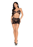 Leg Avenue Lace Bra Top and Mini Skirt with Rosette Accents (2 Piece) - Black - O/S