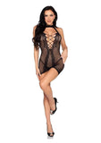 Leg Avenue Dotted Net and Lace Halter Mini Dress with Faux Lace-Up Open Back - Black - O/S