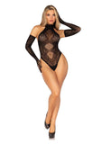 Leg Avenue Lace Halter Teddy and Matching Long Lace Gloves (2 Piece) - Black - O/S