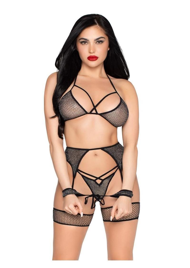 Leg Avenue Shimmer Net Bra Top, G-String Panty, Garter Harness and Wrist Ties (4 Piece) - Black/Silver - O/S