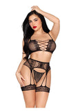 Leg Avenue Dotted Net Bra Top with Heart Detail, G-String Panty, and Matching Garter Harness (3 Piece) - Black - O/S