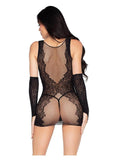 Leg Avenue Wild Rose Lace Mini Dress with Deep-V Net Detail and Matching Gloves (2 Piece) - OS- Black