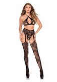 Leg Avenue Lace Open Cup Cross-Over Bra Top Crotchless Panty and Garter Belt Stockings (3 Piece)