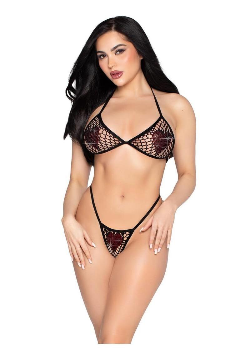 Leg Avenue Rhinestone Heart Fishnet Bra Top and G-String Panty (2 Piece) - OS