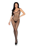Leg Avenue Scalloped Trimmed Crotchless Fishnet Lingerie Jumpsuit - OS - Black