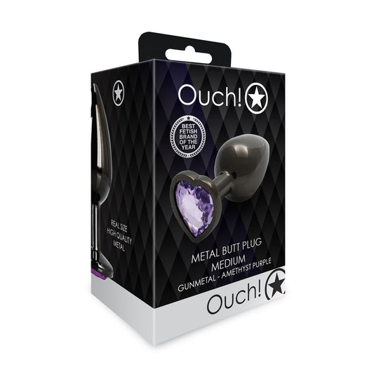 Shots Ouch! Heart Gem Butt Plug Medium Gunmetal/Amethyst