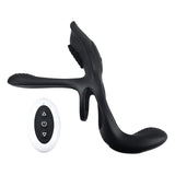 Playboy The 3 Way Rechargeable Remote Controlled Vibrating Silicone Cockring with Stimulator Black