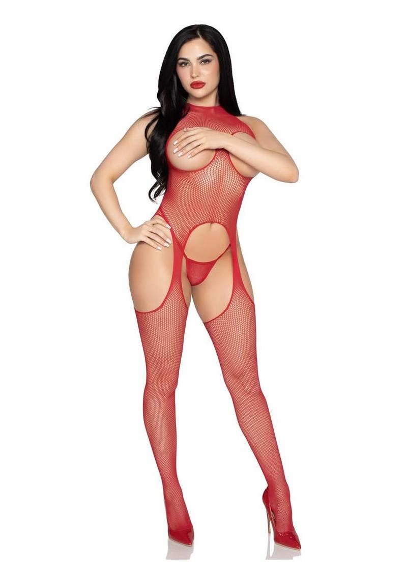 Leg Avenue Circle Net Cupless Suspender Lingerie Jumpsuit and Matching Panty (2 Piece) - O/S
