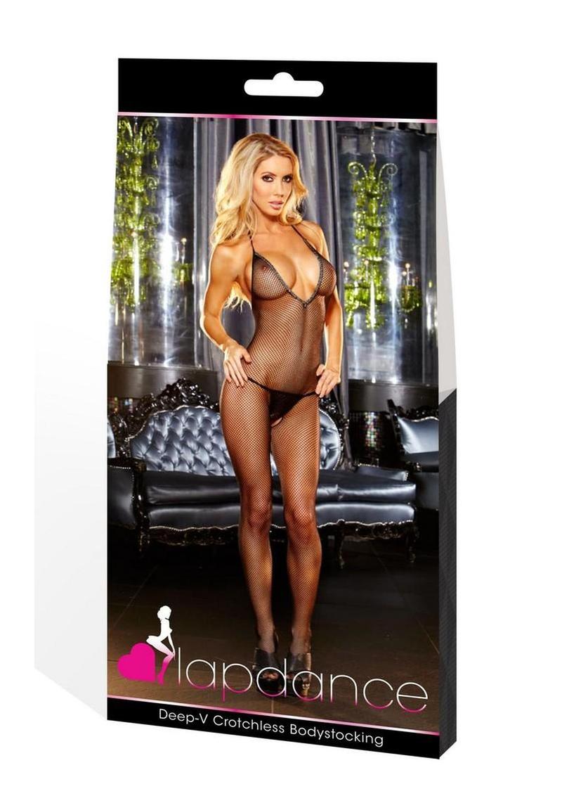 Lapdance Lingerie Deep V Crotchless Bodystocking  - Black