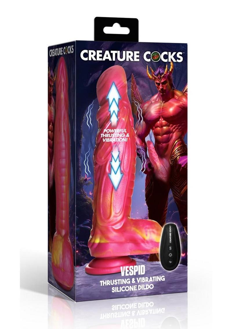 Creature Cocks Vespid Thrusting & Vibrating Silicone Dildo with Remote - Pink/Orange