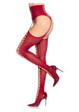Lyra Faux Lace-Up Stockings with Attached Garter Belt – Burgundy