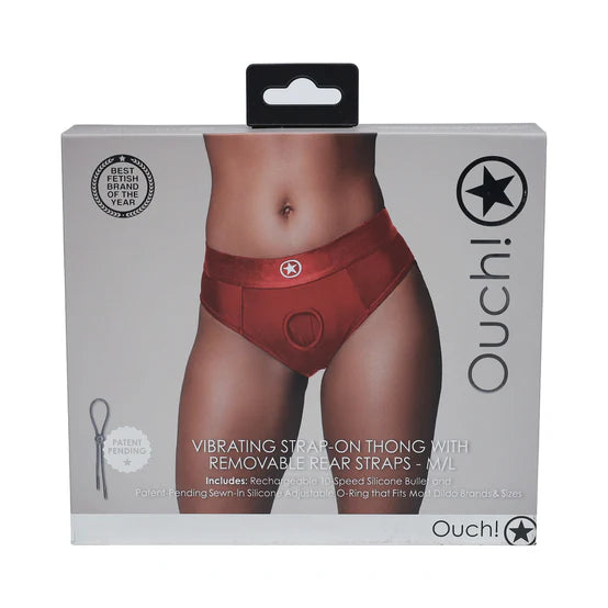 Ouch! Vibrating Strap-on Thong with Removable Butt Straps Red