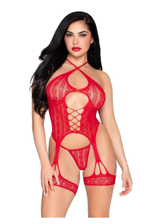 Leg Avenue Heart Halter Cami Garter and G-String Panty (2 Piece) - Red - O/S