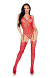 Leg Avenue Mini Heart Trimmed Heart Net Teddy with Attached Stockings -O/S