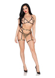 Leg Avenue Adjustable Applique Bra Top, Pearl Strand G-String Panty, and Matching Garter Harness (3 Piece) - Black/Gold - O/S