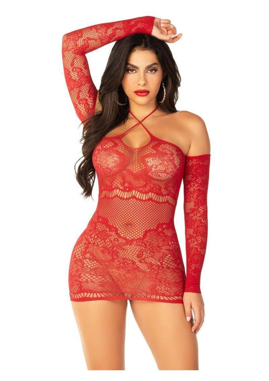 Leg Avenue Seamless Lace Net Off the Shoulder Mini Dress with Twist Halter Strap - OS