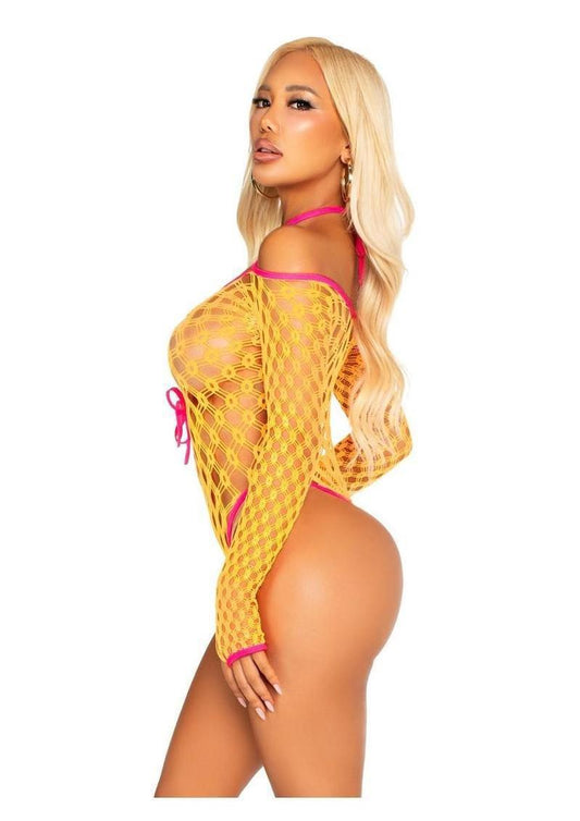 Leg Avenue Eyelet Net Teddy with Tie-Front Keyhole Detail - O/S