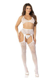 Leg Avenue Rhinestone Lace Bra Top G-String and Fishnet Garter Belt Stockings (3 Piece) - White - O/S