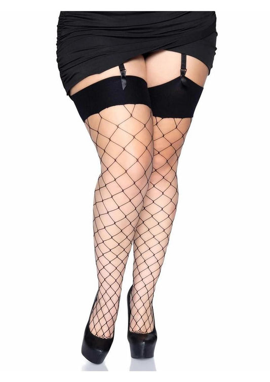 Leg Avenue Spandex Fence Net Stockings with Reinforced Toe and Comfort Wide Band Top - Black