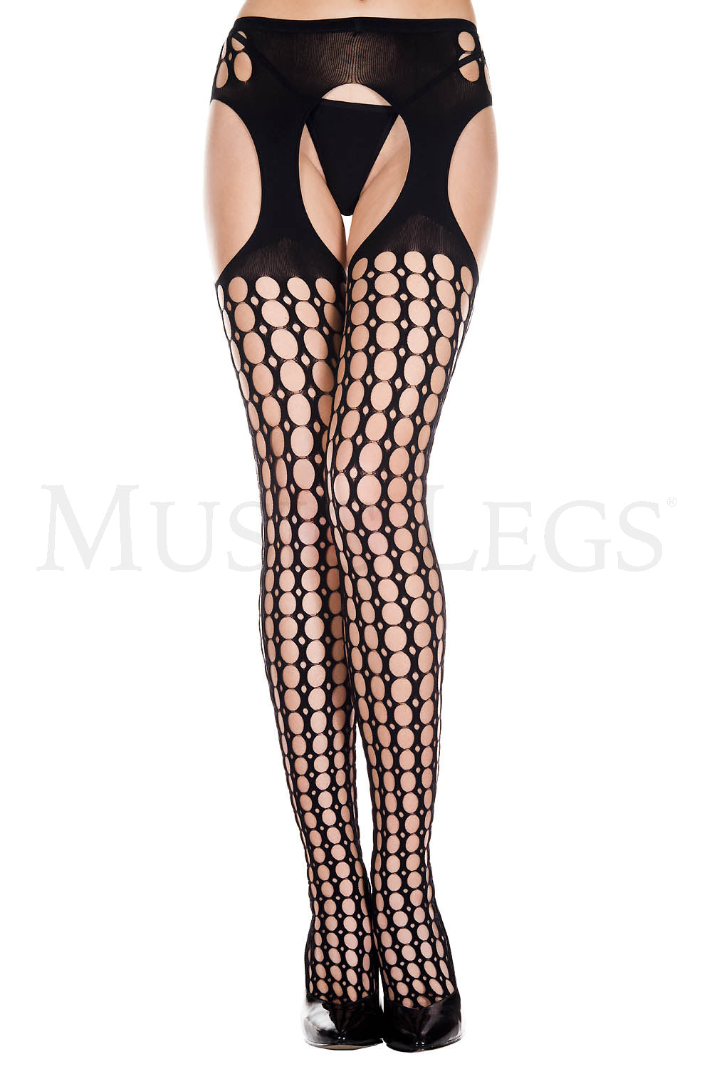 ROUND HOLES PATTERN  SUSPENDER PANTYHOSE - BLACK