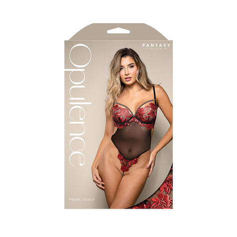Fantasy Lingerie Opulence Floral Embroidered Mesh Teddy with Underwire Pearl Cups & Pearl String