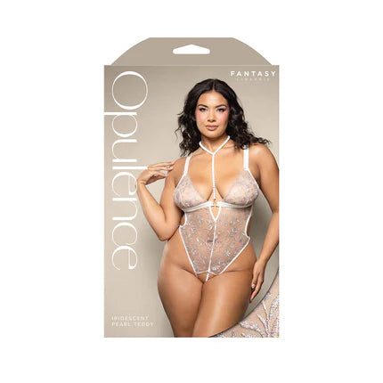 Fantasy Lingerie Opulence Metallic Embroidered Teddy with Pearl Harness & Open Pearl Crotch