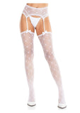 Leg Avenue Heart Lace Trimmed Heart Net Stockings with Attached Garter Belt - OS